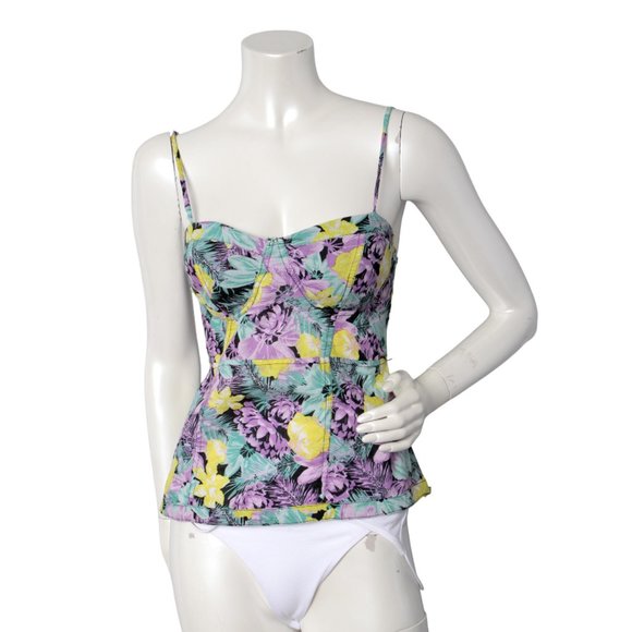 Bluenotes Peplum Sweetheart Floral Blouse Tank Top Smocked Black Purple Blue Y2K - Picture 1 of 9